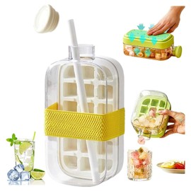 Crush Cup Ice Cube Bottle, Ice Cube Bottle with Straw, 2 in 1 Touch-Free Ice Cube Tray Water Bottle with Lid and Bin, Push-Type Ice Cube Making Bottle for Home Outdoor Ice Making Freezer Juic, 800ml