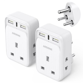 UK to India Plug Adapter 2 Packs, Grounded UK to India Travel Adapter with 3 USB Ports 32W USB C Fast Travel Charger, Travel Adaptor Plug UK to india for India, Pakistan, Sri Lanka, Yemen(Type D)