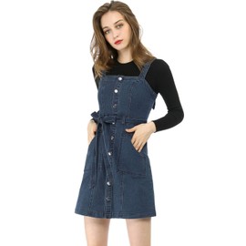 Allegra K Women's Classic Overall Dresses Adjustable Strap Pinafore Denim Jean Dress Medium Dark Blue