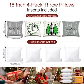 OTOSTAR Set of 4 Pillow Inserts 18x18 with Pillow Covers 18x18 Pillowcase Christmas Tree Joy Decorative Throw Pillow Cover Black White Plaids Winter Holiday Decorations Cushion Case for Couch (Grey)