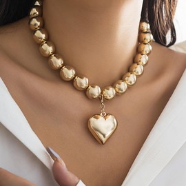 Puffy Red Heart Choker Necklaces for Women Large Glass Heart Charm Necklace Valentines Pearl Choker Necklace (Gold Chokers-1)