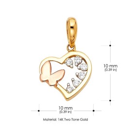 14K Gold CZ Butterfly Heart Pendant Girls Small Tiny Charm For Necklace or Chain