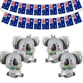 Australian Party Decorations, 4 Koala Balloons 31.5x35cm and 20 Flags Banner 14x21cm, Australia Day Decor for Kids Birthday Party and National Celebration