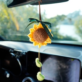 Crochet Hanging Sunflower for Car Janeunique Boho Handmade Rear View Mirror Hanging Accessories Decor Cute Knitted Plant Flower Ornament Charms Automotive Interior Decorations