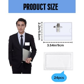 Pack of 24 Name Badges, 90 x 56 mm PVC Name Plate Cover with Clip & Lapel Pin, Transparent Name Badge for Business, School, Travel
