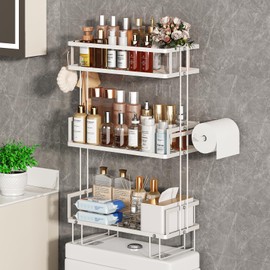 Godboat Bathroom Organizers and Storage, 3-Tier Toilet Shelf, Over Toilet Storage with Paper Holder and 2 Hooks, No Drilling Bathroom Decor and Home Decor, Gifts for Women, Mom, Mothers Day (White)