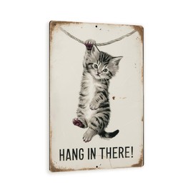 MRC Wood Products Vintage-Style Hang In There! Metal Sign- Cute Kitten Hanging from a Rope - Distressed Rustic Decor