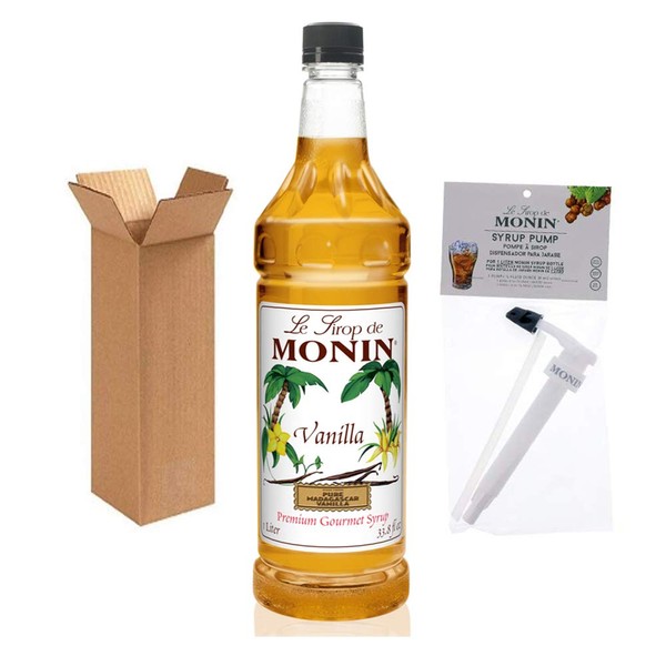 Monin - Vanilla Syrup with Monin BPA Free Pump, Boxed, Versatile Flavor, Great for Coffee, Shakes, and Cocktails, Gluten-Free, Vegan, Non-GMO (1 Liter)