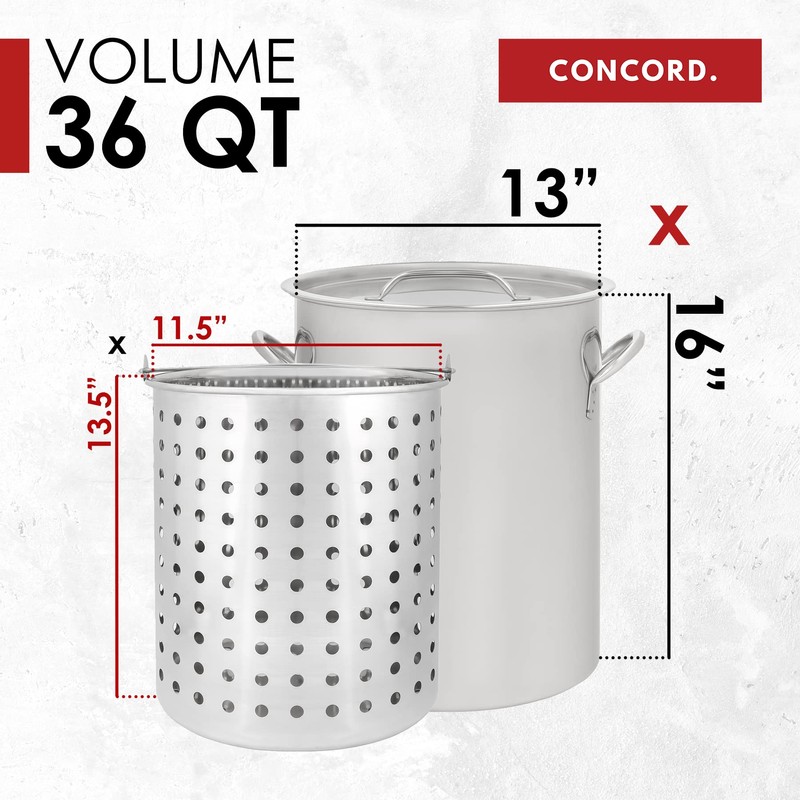 CONCORD 36 QT Stainless Steel Stock Pot w/Basket. Heavy Kettle.