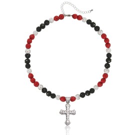 Baseball Necklace - Glitter Bling Clay Beaded Ice Collection Necklace for Men Boys Cool Gifts for Baseball Players Lovers (Black/Red/White+Cross)