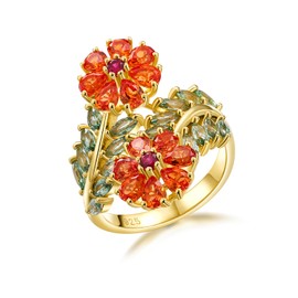 AGRULE Cocktail Party Ring for Women 14K Gold Plated Sterling Silver Band Statement Couple Ring for Anniversary Wedding Peridot Leaf Red Garnet Flower Ring
