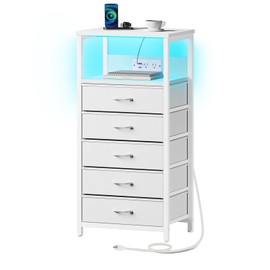 Seventable Nightstand with 5 Fabric Drawers, Bedside Table with Charging Station, Side Table with LED Lights, Night Stand Table for Bedroom, White