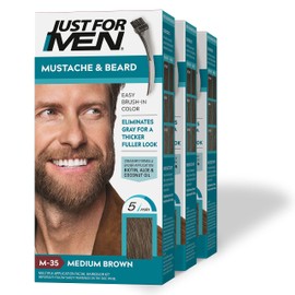 Just for Men Just For Men Mustache & Beard, Beard Dye for Men with Brush Included for Easy Application, With Biotin Aloe and Coconut Oil for Healthy Facial Hair - Medium Brown, M-35, Pack of 3