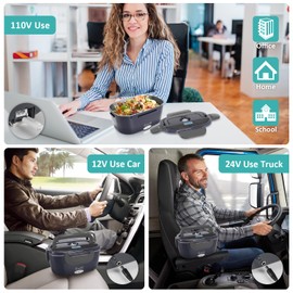 Eocolz Electric Lunch Box Food Heater Warmer, 2 in 1 Portable Lunch Box for Car Truck Home Work Leak Proof with 1.5L Removable 304 Stainless Steel Container & Spoon 2 Compartments 110V 12V 24V