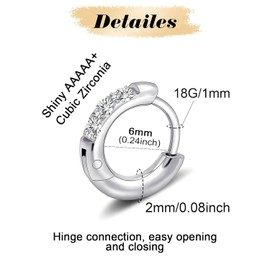 1 Pair Gold Small Hoop Earrings Cubic Zirconia Huggie Hoop Earrings,Hypoallergenic 14K White Gold Plated Cartilage Piercing Earrings Ear Cuff Tiny (6mm, Silver)