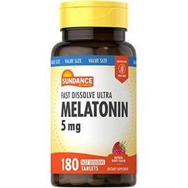 Sundance Tabletas de melatonina de 5 mg | 180 unidades vegetarianas | Disolución rápida | Sabor natural de bayas | Suplemento vegetariano, sin OMG y s