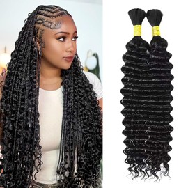 Human Braiding Hair for Boho Braids 16-24 Inch Deep Wave Bulk Human Hair for Braiding No Weft Brazilian Human Hair Extensions Wet and Wavy Curly Human Hair Boho Braiding Hair 2 Bundles 100g (16inch)