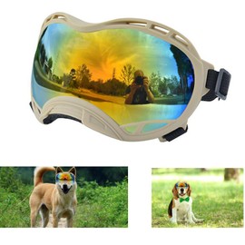 Soft Dog Goggles Large Breed Anti-UV Dog Sunglasses,Large Dog Sunglasses for Medium-Large Dogs Dustproof Windproof Snowproof Sking Dog Eye Protection (Khaki Frame &Colored Lens/Large)