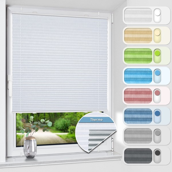 HOMEDEMO pleated blind, no drill blackout thermal pleated blind with clamp fix, white colour, 75 x 130 cm, 100% opaque blind for windows and doors, opaque privacy screen, sun protection
