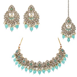 Veritas Commerce Group Beautiful Handcrafted Kundan Jewellery Set in Aqua Blue, Gold and Silver - Inspired by Indian and Pakistani design
