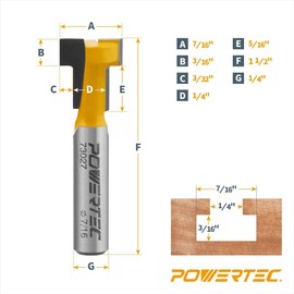 POWERTEC 73032 Carbide Tipped T Slot Router Bit 7/16" Dia. x 3/16" H x 1/4" Shank (1-PC) with T-Track Knobs Kit Including 1/4"-20 x 1-1/2" Hex Bolts and Washers (Set of 10)