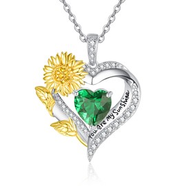 AENEAS Sunflower May Birthstone Necklace Women Sterling Silver Created-Emerald Jewelry You Are My Sunshine Gift Heart Pendant for Anniversary Birthday Christmas