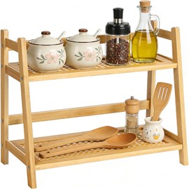 2 Tier Cup Rack Wood, Kitchen Shelf Worktop, Kitchen Organiser Rattan Look Coffee Cup Holder & Tea Matcha Station for Tea, Coffee, Bar, Cup Display, Spice (Wood Colour)