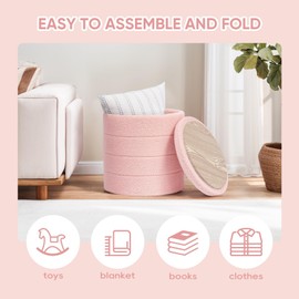 PINPLUS Round Storage Ottoman Foot Rest Stool with Tray Velvet Sherpa Folding Storage Ottoman,Boucle Foot Rest for Living Room, Bedroom, Dorm,Pink Color