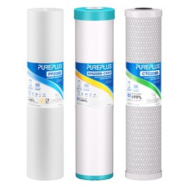 PUREPLUS 4.5"x 20" 3-Stage Whole House Water Filter Cartridge Combo Kit with Sediment, KDF & Granular Activated Carbon, and Activated Carbon Block Filter - 5 Micron Water Filtration Replacement Kit