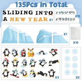 Haooryx Winter Sliding Into A New Year Penguin Bulletin Board Set - 135Pcs Penguin Paper Cut-Outs Blackboard Border Nametag Set for Christmas Party Home School Classroom Whiteboard Window Wall Decor