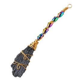 Runyangshi Natural Black kyanite Stone Handmade Magic Broom Raw Black Tourmaline Healing Crystal Feather Shape Crystal Craft Cleaning Reiki Energy Collect Home Decor