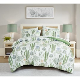 Chezmoi Collection Gregory 7-Piece Serene Lodge Bed in a Bag Full Comforter Set - Green Blue Cactus Succulent Plant Printed Microfiber Bedding Set