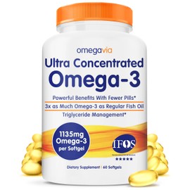 OmegaVia Ultra Concentrated Omega 3 Fish Oil Burpless, 60 Softgels, Triple Strength Omega 3 Fish Oil Supplements, 1135 mg Pure Omega3, No Fishy Burps, High EPA DHA DPA, IFOS 5-Star