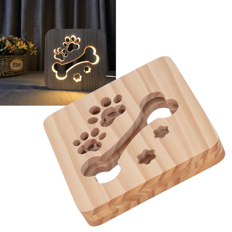 3D Night Lamp Bone Paw Print Pattern Hollow Design Wooden