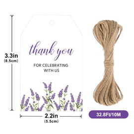 jijAcraft Lavender Thank You Tags, 50Pcs White Paper Gift Tags with String, 3.3x2.1 Inch Purple Floral Wedding Gift Wrap Hangtag, Thank You for Celebrating with us Tag for Bridal, Baby Shower