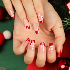 French Christmas Press on Nails Medium with Red Christmas Hat Design Acrylic Nails Red Nails Tip Winter Xmas False Nails Artificial Fake Nails Full Cover Glossy Coffin Nails Glue on Nails for Women