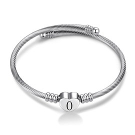 MiiFort Women's Initial Name Silver Cuff Bangle Letter O Bracelet Love Heart Stainless Steel Family Sister Daughter Granddaughter Birthday