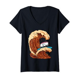 Womens Funny Sushi Surfer Riding Soy Sauce Wave Art V-Neck T-Shirt