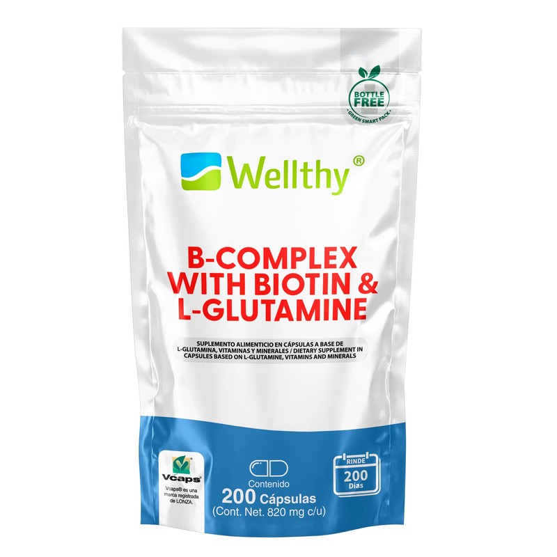 Wellthy Complejo B 200 Cápsulas. Reforzado con Biotina y Glutamina.