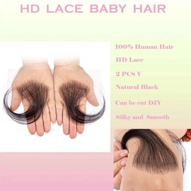 Edges Hair Top Swiss HD Lace 100% Real Human Hair Reusable Breathable Invisible Lace Hairline Stripes Natural Black Curly Baby Hair for Women (2pcs"V")