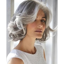 RENERSHOW Mid-length Grey Wavy Bob Wigs for Women Short Gray Curly Wig Synthetic Salt and Pepper Wigs Average Size Realistic Natural Daily Party Wigs for Older Women with Silver White Bangs(10-12inch)