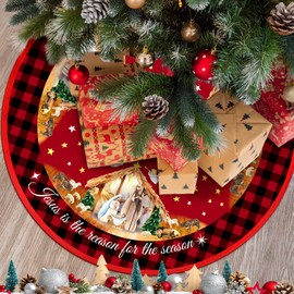 Lunmon Christmas Nativity Scene Tree Skirt 48 Inches Retro Jesus Christmas Tree Mat Decoration Buffalo Plaid Farmhouse Christian Winter Tree Skirt for Indoor Outdoor Xmas Holiday Party Decorations