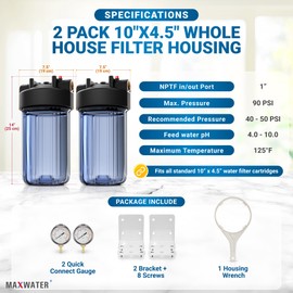 2 Pack 10" BB Clear Whole House Water System Filter Housing 1" NPT Brass Ports w/Pressure Release, 2 Pressure Gauges, Wrench and 2 Brackets