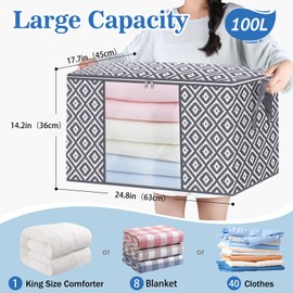 StorageTastic Direct 100L Storage Containers, Large Clothes Storage Bins Foldable Organization and Storage Bags with Reinforced Handle, Clear Window for Bedding, Blankets, Clothing, 6 Pack, Grey