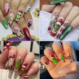 ZTZTST Christmas Nail Art Stickers Decals 3D Self-Adhesive Cute Cartoon Green Monster Nail Art Designs Stickers Winterxmas Nail Supplies Charm Decals Women Girls New Year DIY Nail Decoration 6 Sheets