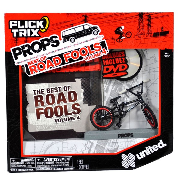 Spinmaster Flick Trix Fingerbike "Real Bikes, Unreal Tricks" BMX Bicycle Miniature Set - Black Color UNITED Bike with Display Base and DVD Props "The Best of Road Fools Volume 4"