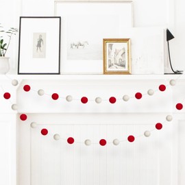 Christmas Felt Ball Garlands, Christmas Colorful Pom Pom Garlands for Winter Holiday Decorations Christmas Tree Decor Xmas Holiday Party Birthday Banner (Red White Ball)