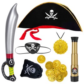 Aurasky Pirate Costume Accessories Children 7-Piece Pirate Hat Eye Patch Telescope Pirate Sabre Skull Bag Golden Coins for Children, Pirate Costume Accessories Boys and Girls for Carnival