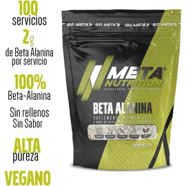 Meta Nutrition, Beta Alanina, 100 Servicios, 2 g por Servicio. Alta Pureza. Libre de rellenos. Sin sabor.