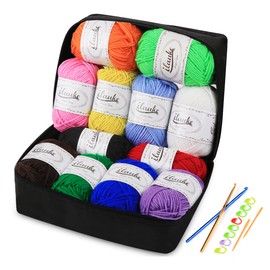 ilauke 12 x 50 g Acrylic Knitting Yarn Kit, Super Soft Acrylic Yarn for Hand Weaving with 2 Hooks, 2 Needles, 8 Marker Pins and a Reusable Storage Bag